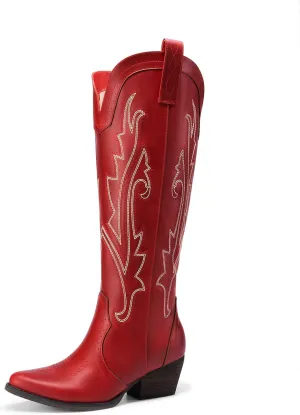 DREAM PAIRS Womens Cowboy Knee High Boots Comfortable Pull On Side Zipper Chunky Heel Embroidered Western Cowgirl Boots Retro Tall Boot