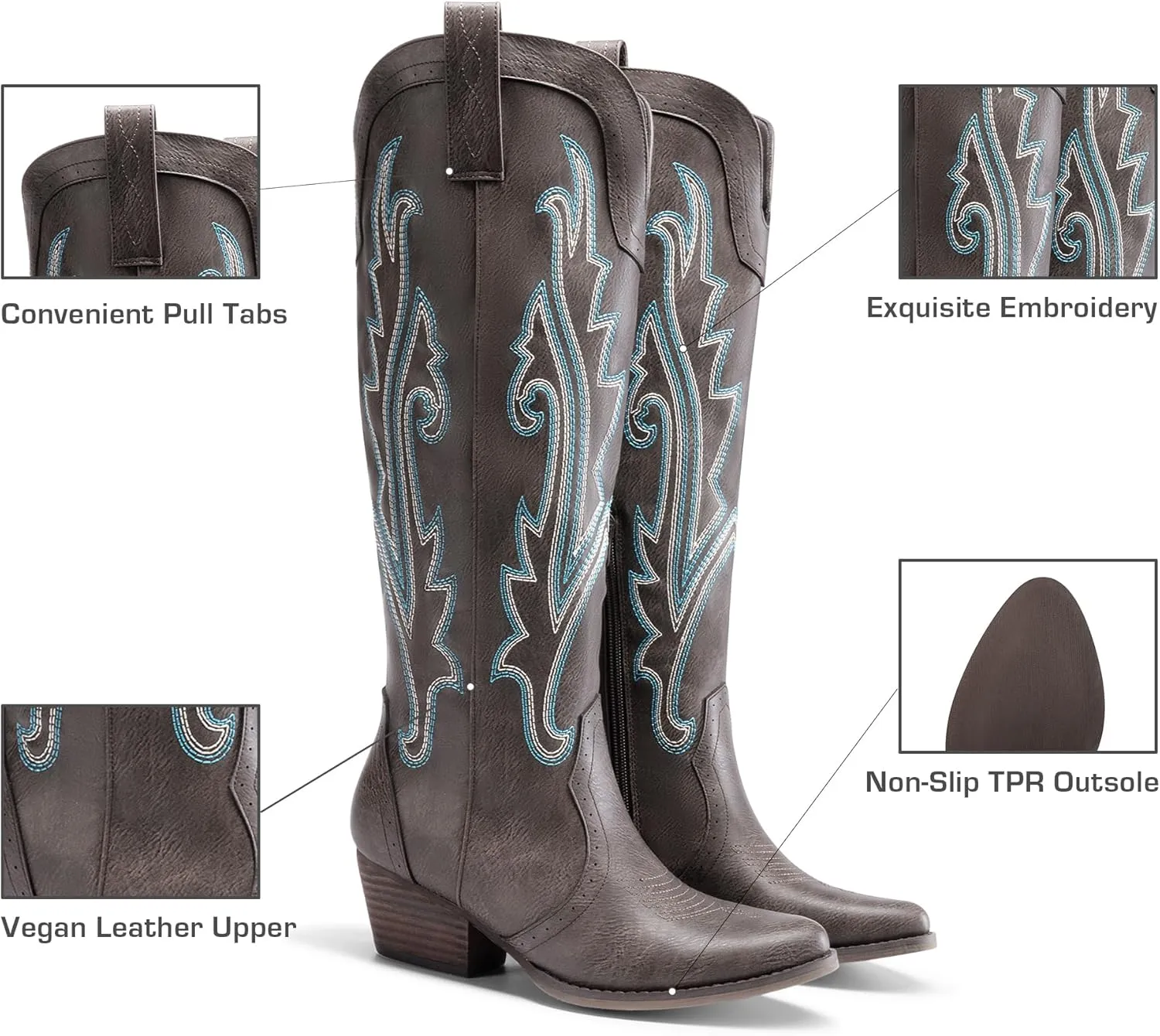 DREAM PAIRS Womens Cowboy Knee High Boots Comfortable Pull On Side Zipper Chunky Heel Embroidered Western Cowgirl Boots Retro Tall Boot