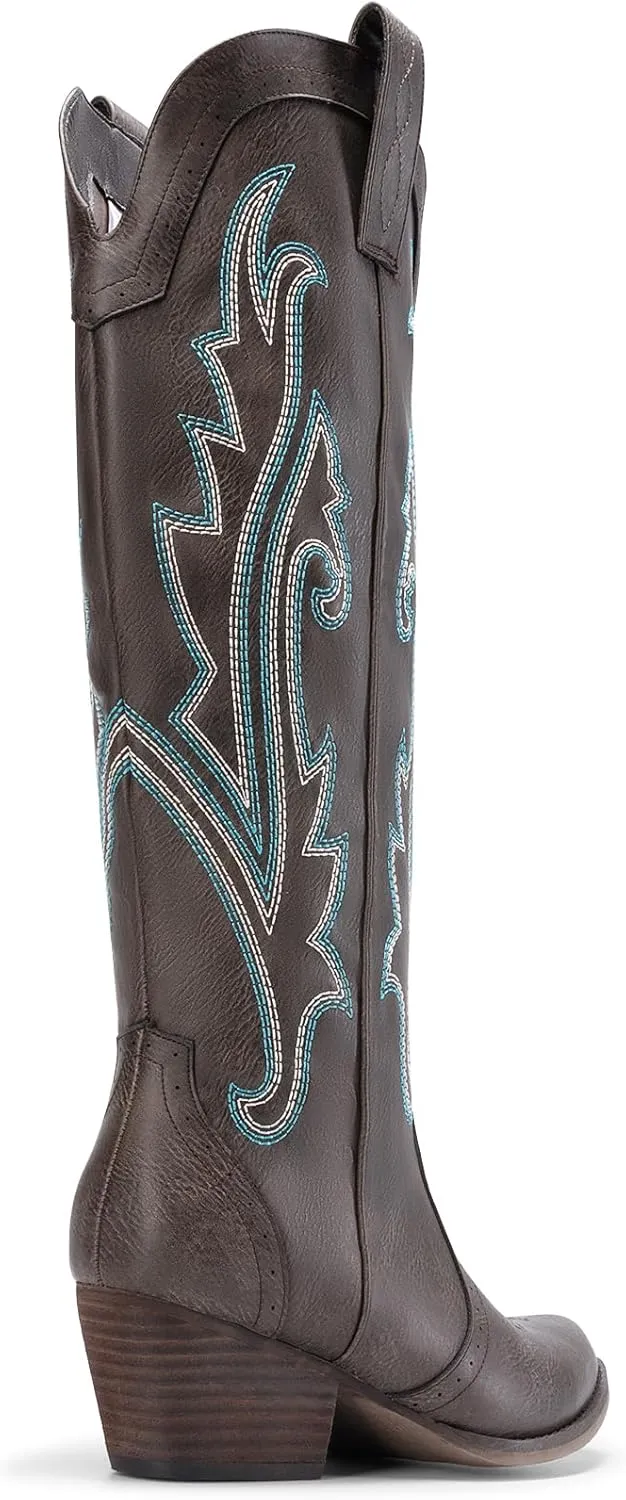 DREAM PAIRS Womens Cowboy Knee High Boots Comfortable Pull On Side Zipper Chunky Heel Embroidered Western Cowgirl Boots Retro Tall Boot