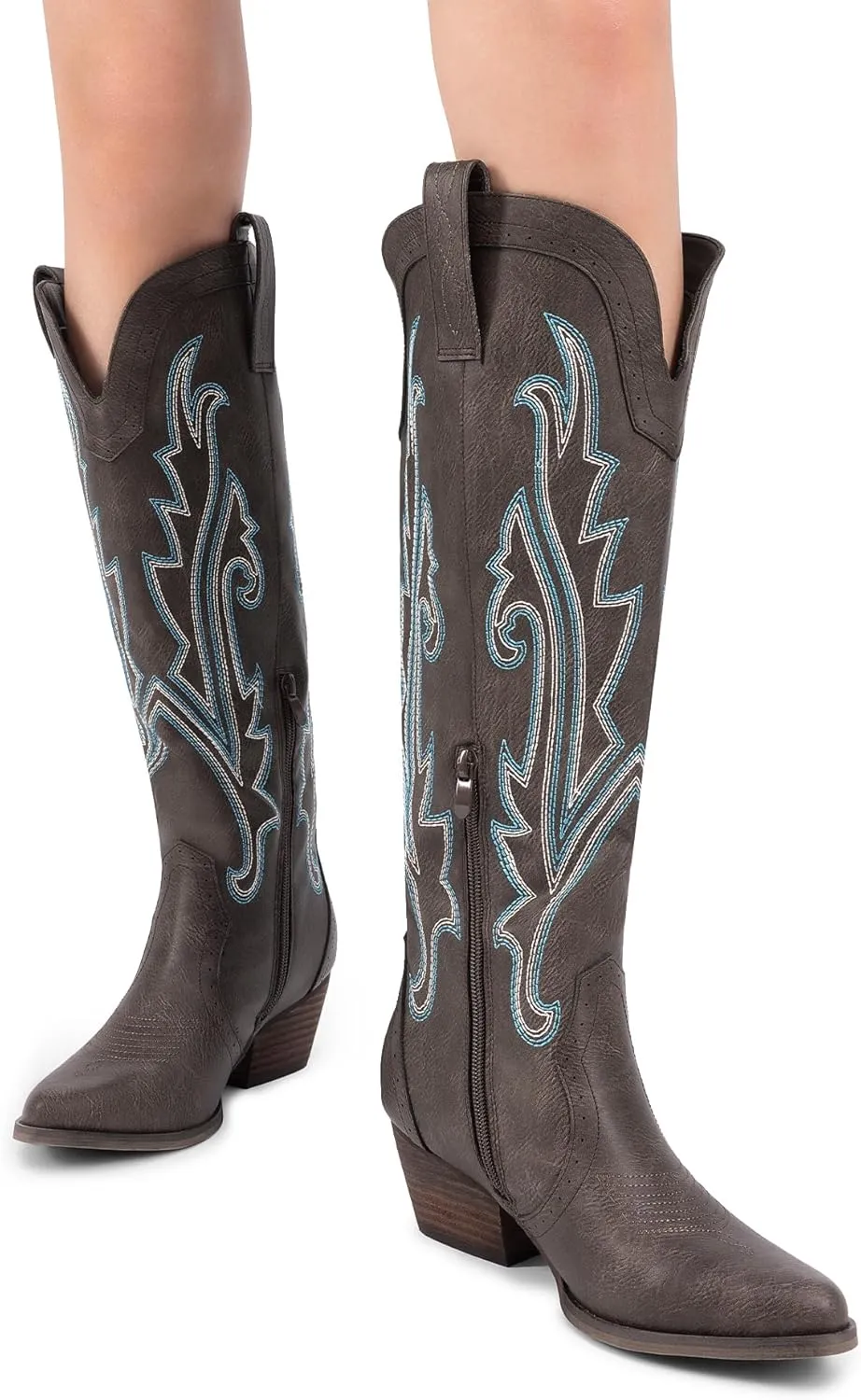 DREAM PAIRS Womens Cowboy Knee High Boots Comfortable Pull On Side Zipper Chunky Heel Embroidered Western Cowgirl Boots Retro Tall Boot
