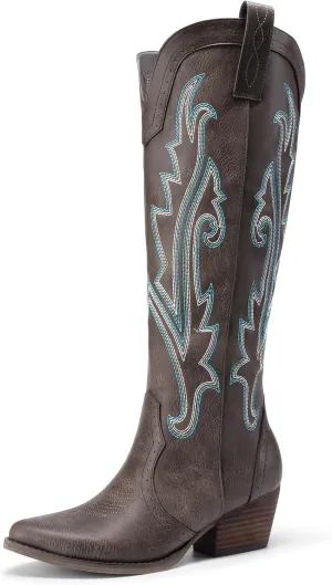 DREAM PAIRS Womens Cowboy Knee High Boots Comfortable Pull On Side Zipper Chunky Heel Embroidered Western Cowgirl Boots Retro Tall Boot