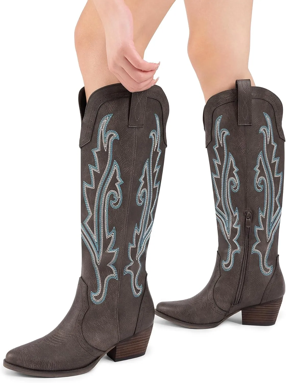 DREAM PAIRS Womens Cowboy Knee High Boots Comfortable Pull On Side Zipper Chunky Heel Embroidered Western Cowgirl Boots Retro Tall Boot