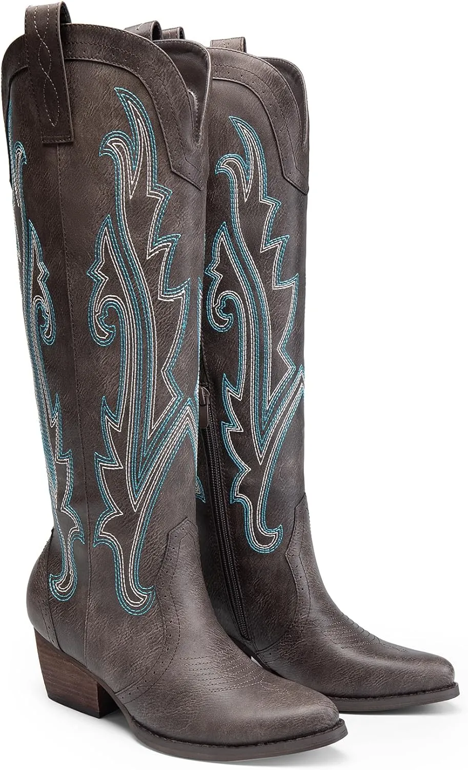 DREAM PAIRS Womens Cowboy Knee High Boots Comfortable Pull On Side Zipper Chunky Heel Embroidered Western Cowgirl Boots Retro Tall Boot