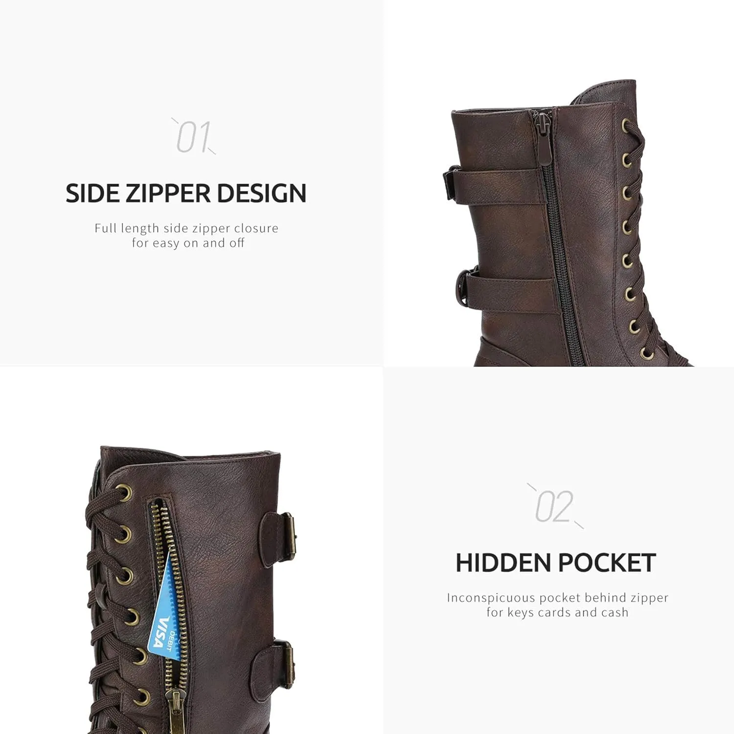 DREAM PAIRS Women's Mid Calf Built-in Wallet Pocket Lace up Military Combat Boots