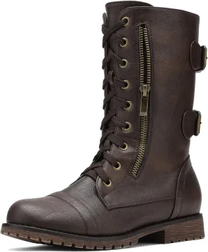 DREAM PAIRS Women's Mid Calf Built-in Wallet Pocket Lace up Military Combat Boots