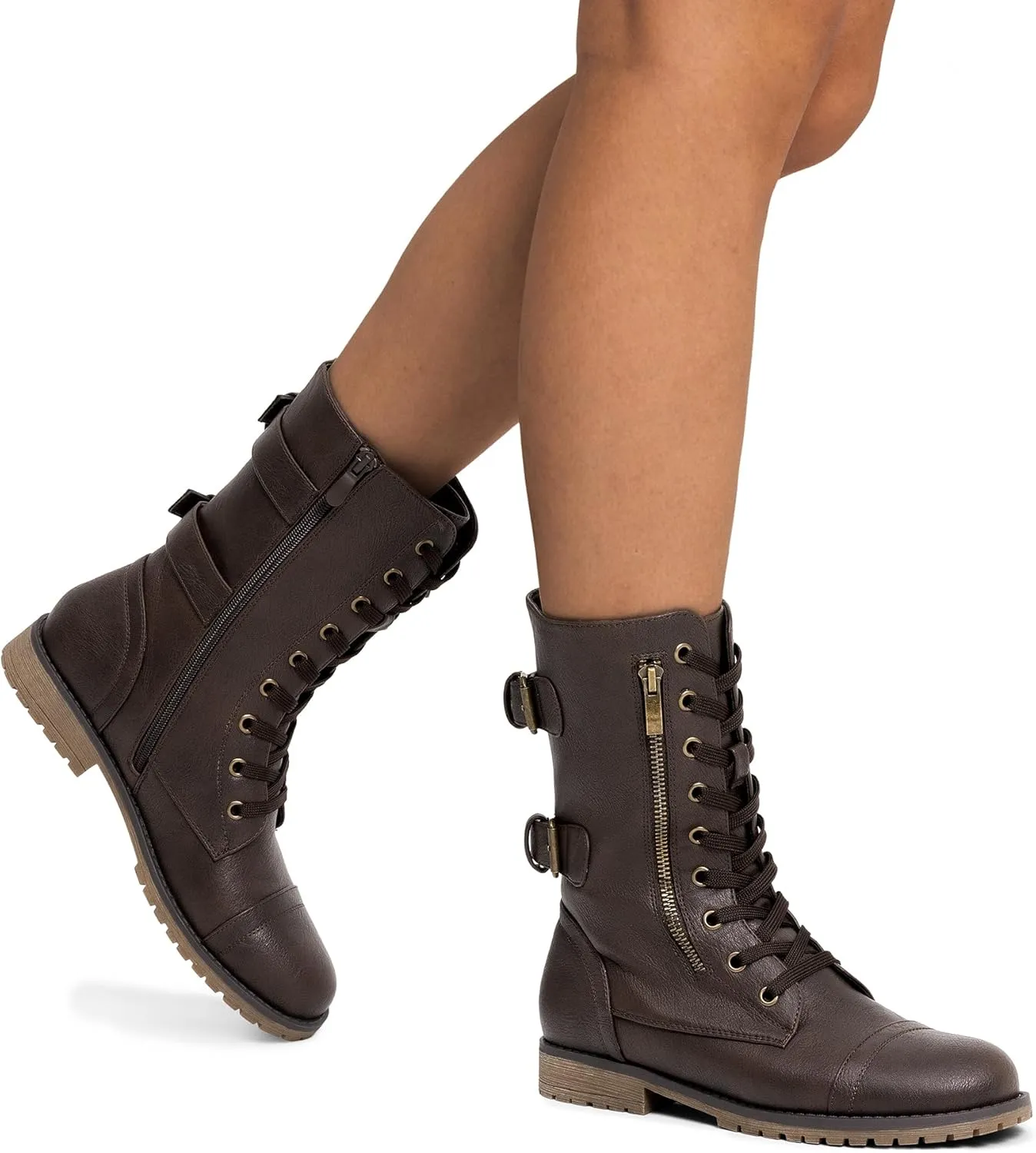 DREAM PAIRS Women's Mid Calf Built-in Wallet Pocket Lace up Military Combat Boots