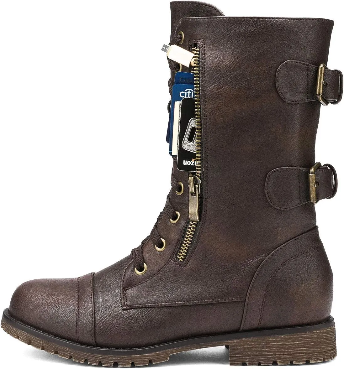 DREAM PAIRS Women's Mid Calf Built-in Wallet Pocket Lace up Military Combat Boots