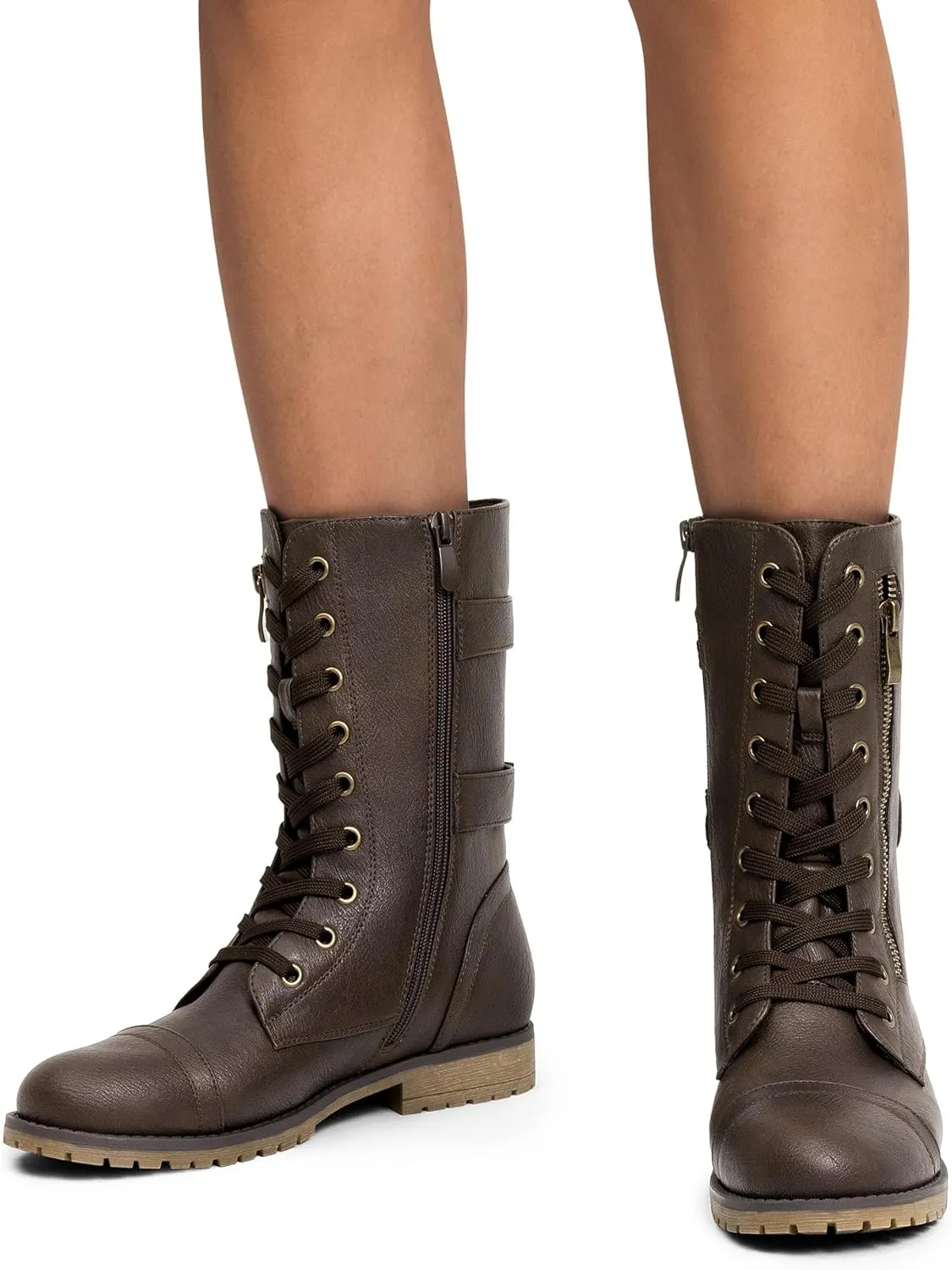 DREAM PAIRS Women's Mid Calf Built-in Wallet Pocket Lace up Military Combat Boots