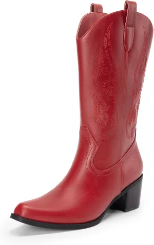 DREAM PAIRS Women's Square Toe Cowboy Cowgirl Boots Embroidered Mid Calf Western Boots Fashion Dress Low Chunky Heel Boots for Theme Party Country Concert