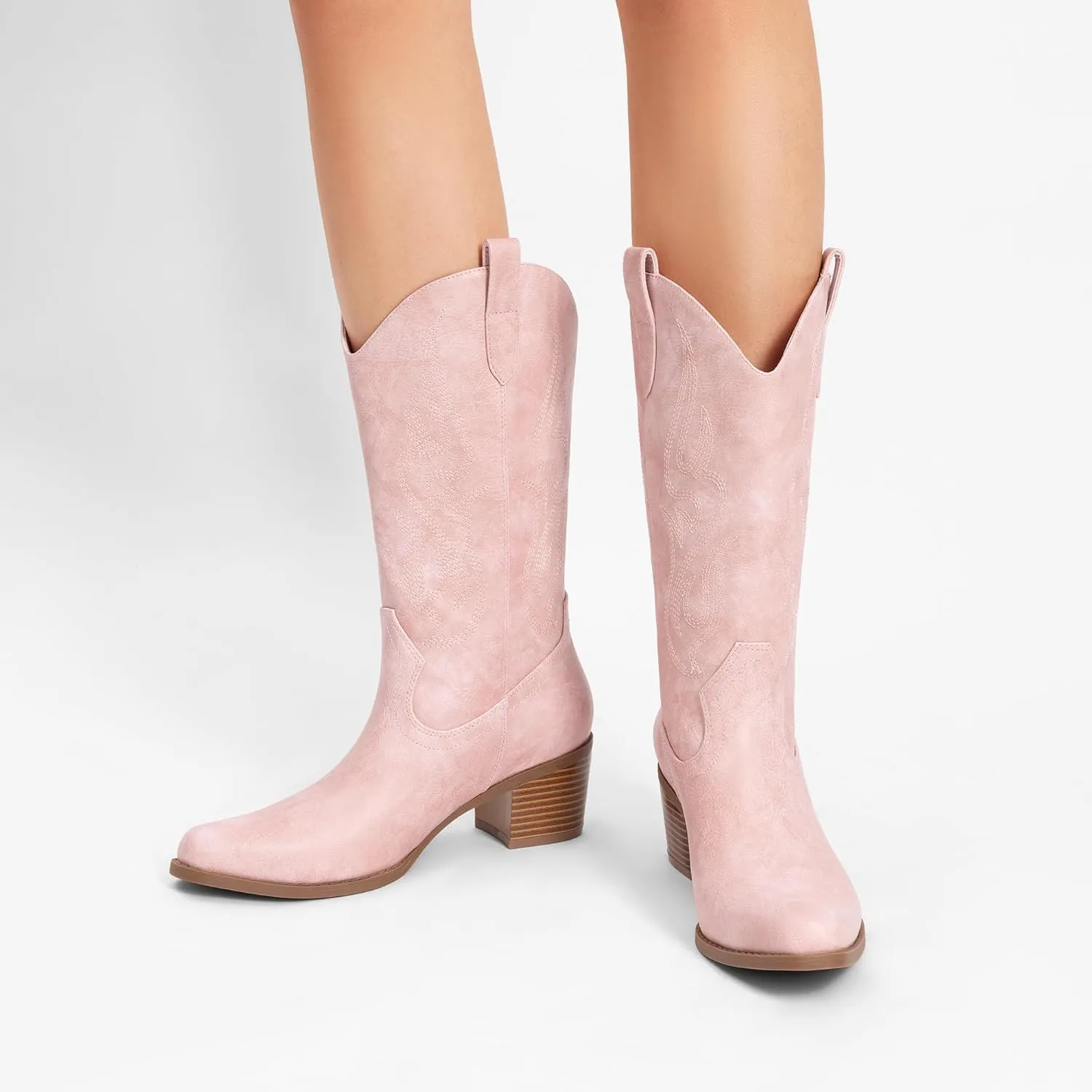 DREAM PAIRS Women's Square Toe Cowboy Cowgirl Boots Embroidered Mid Calf Western Boots Fashion Dress Low Chunky Heel Boots for Theme Party Country Concert