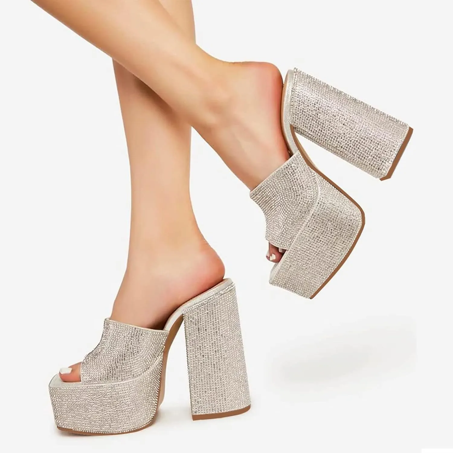Dsevht Chunky Platform Sandals for Women,Slip On Square Toe Platform Mules with High Heel