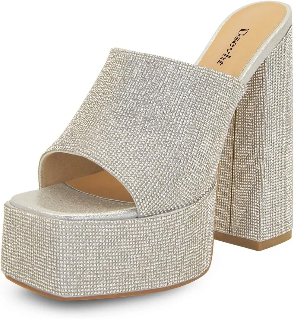 Dsevht Chunky Platform Sandals for Women,Slip On Square Toe Platform Mules with High Heel