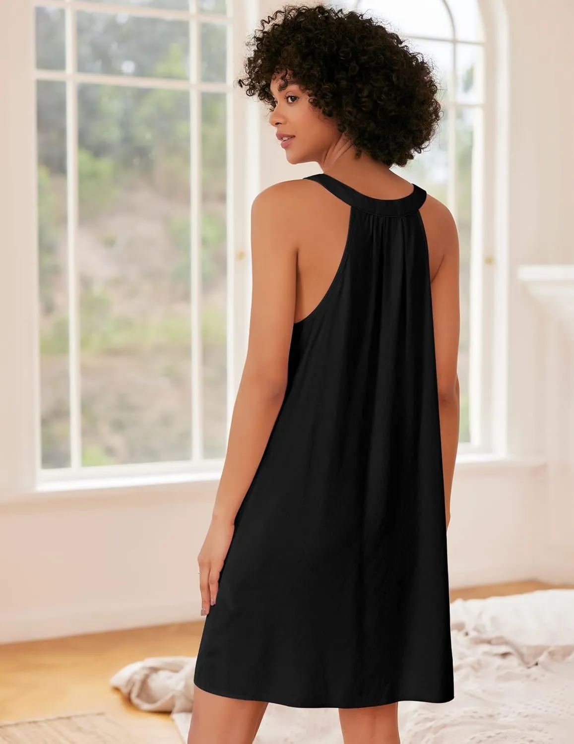 Ekouaer Nightgown for Women Sleeveless Sleepwear Lightweight Racerback Sleep Shirt Pleated V Neck Night Dress Short Chemise