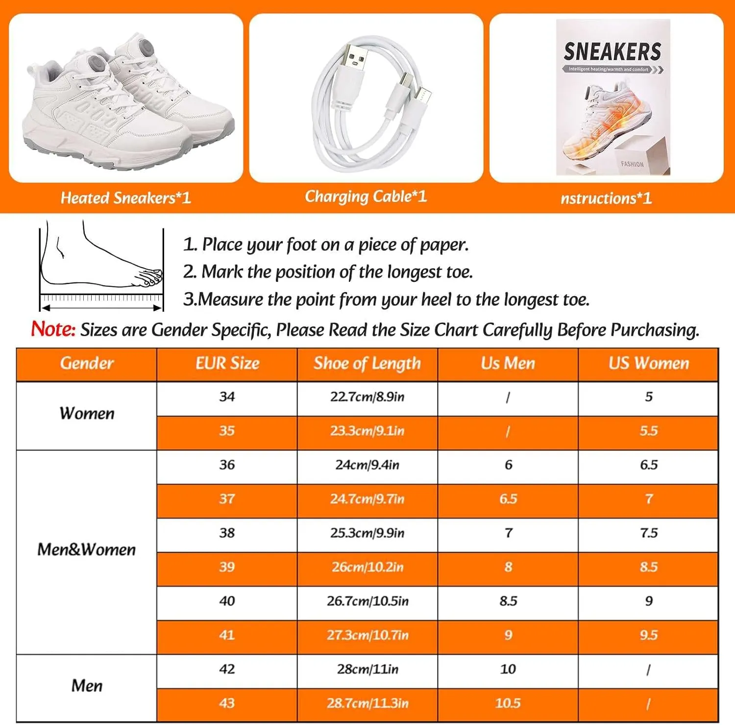Electric Heated Shoes for Women Men - Rechargeable Heated Sneakers with 3 Heating Levels Feet Warmers Non Slip Waterproof Heated Sports Shoes for Outdoor Work Sports Hiking