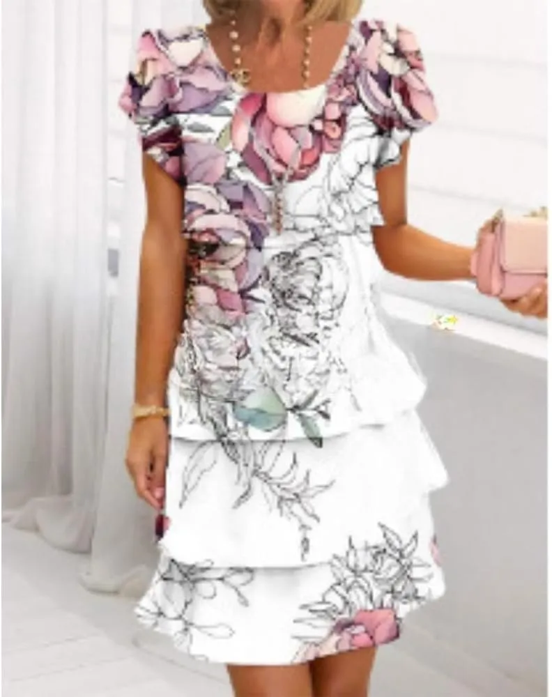 Elegant Multi-Plant Floral Print Cascade Dress - Soft Blend for Summer Weddings & Garden Parties