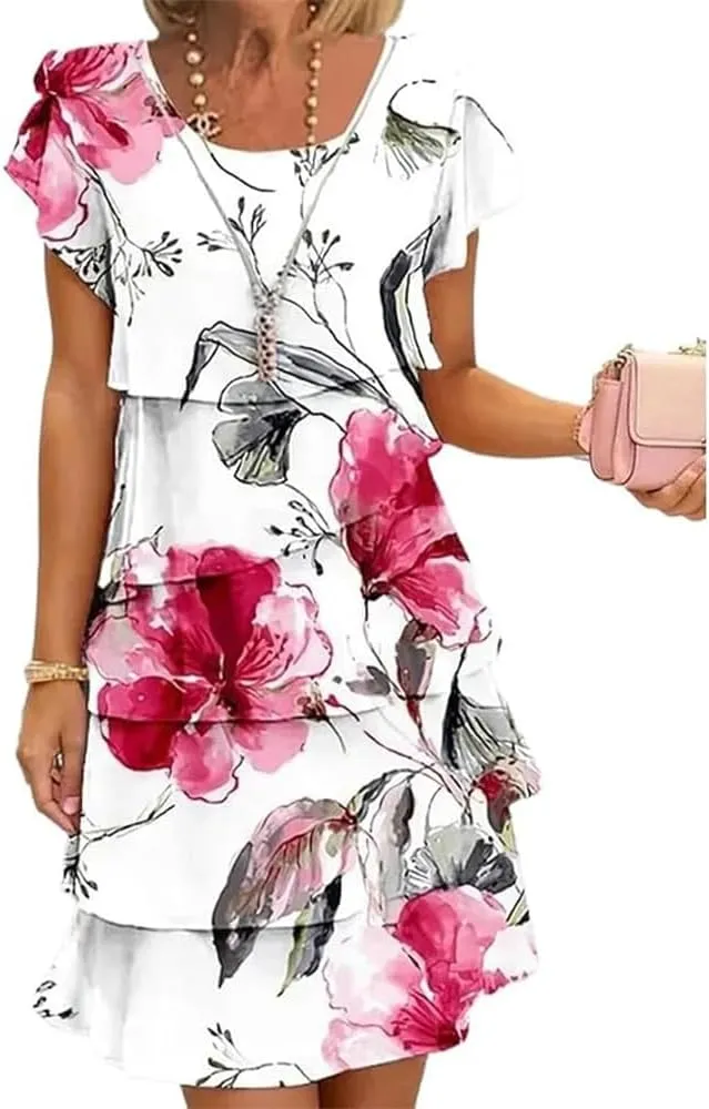 Elegant Multi-Plant Floral Print Cascade Dress - Soft Blend for Summer Weddings & Garden Parties