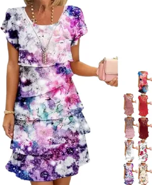 Elegant Multi-Plant Floral Print Cascade Dress - Soft Blend for Summer Weddings & Garden Parties