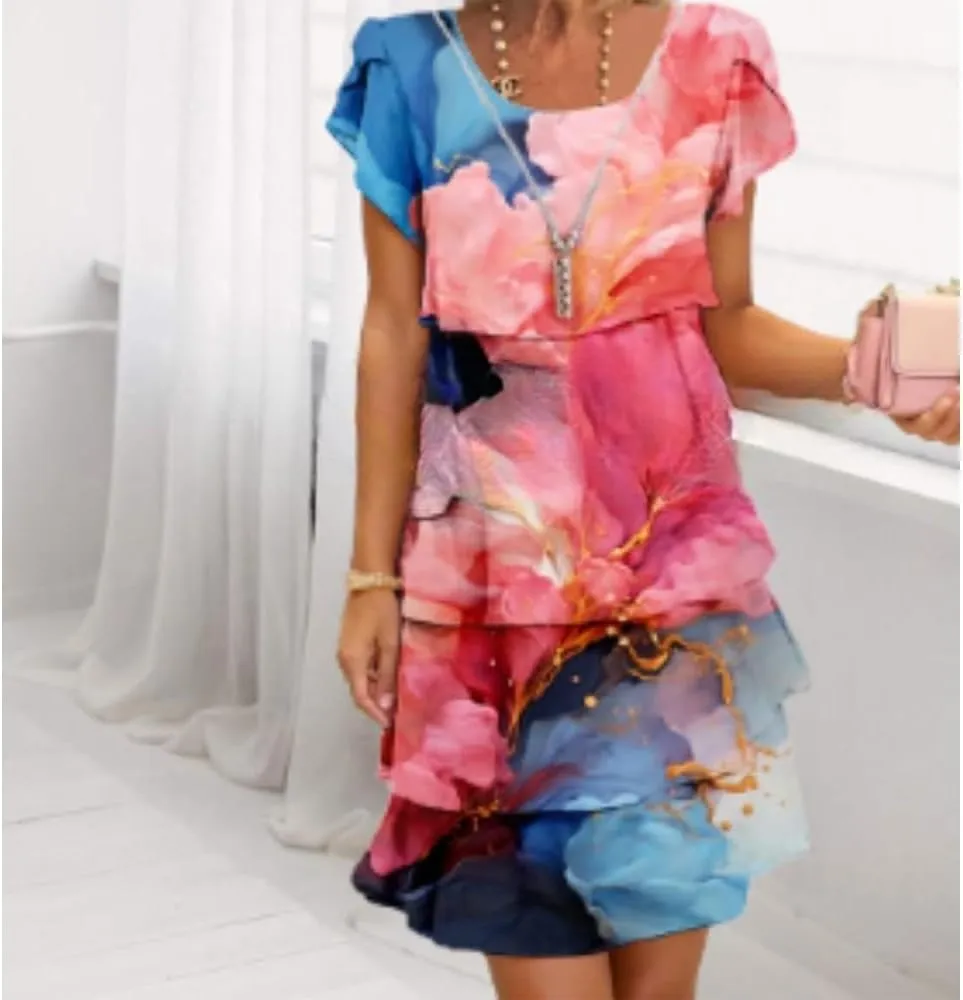 Elegant Multi-Plant Floral Print Cascade Dress - Soft Blend for Summer Weddings & Garden Parties