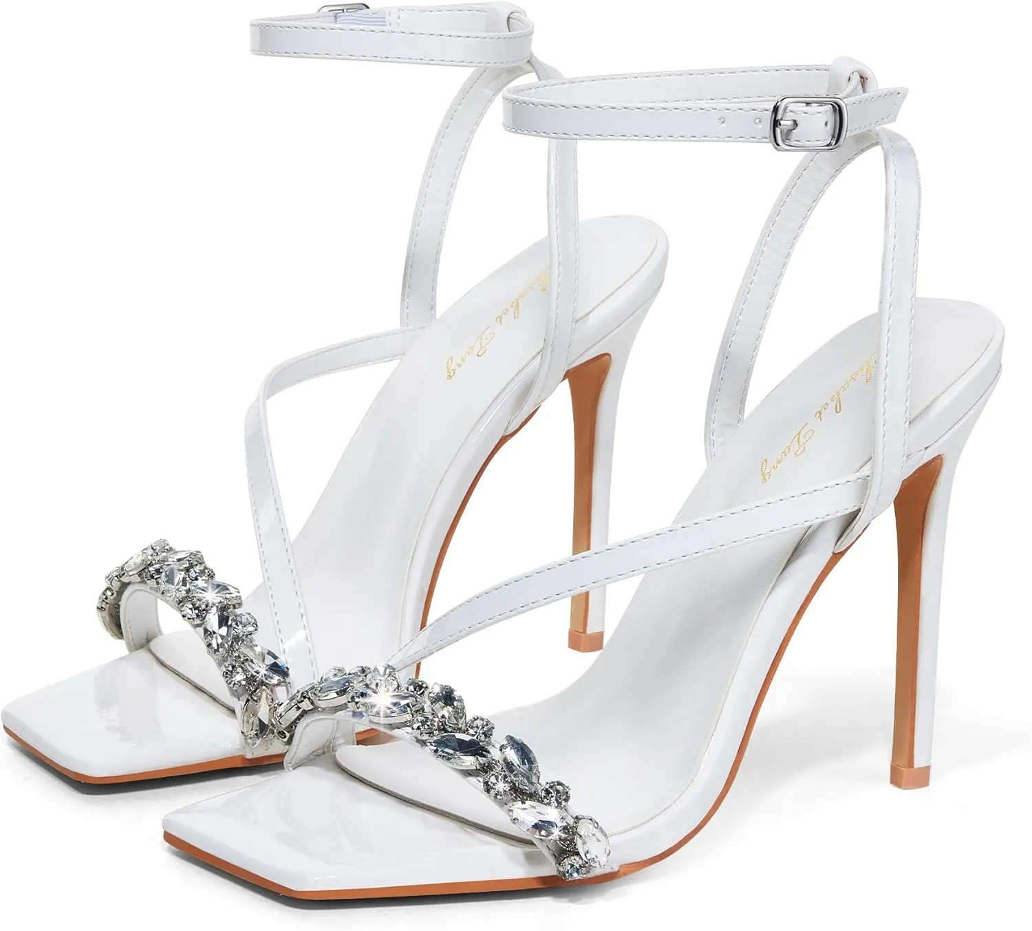 Elisabet Tang Women’s Crystal Stilettos Heeled Sandals, 4 Inch Square Open Toe Strappy Sexy High Heels Ankle Strap Buckle Heels for Party Wedding Dress Daily Wear Shoes