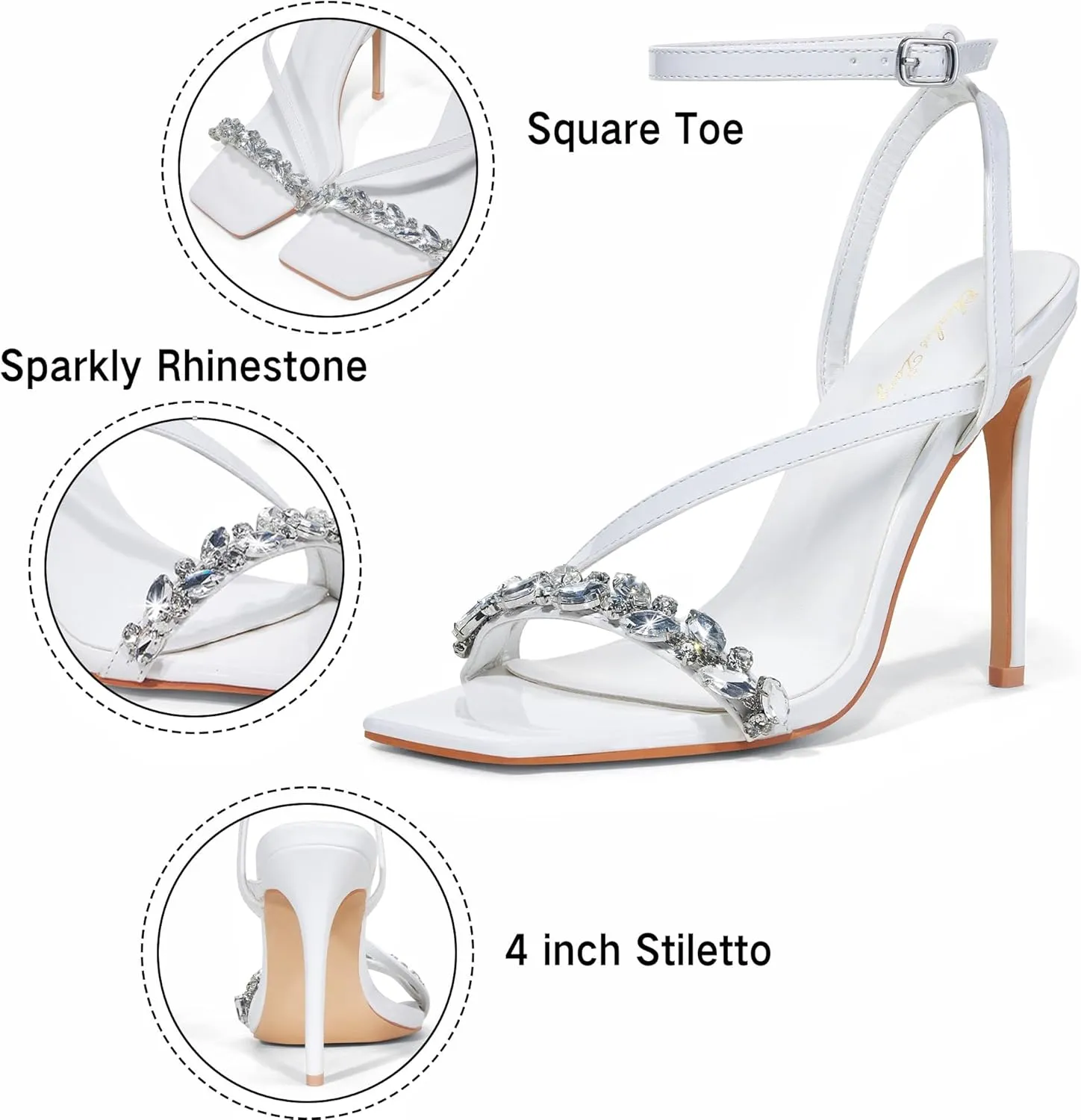 Elisabet Tang Women’s Crystal Stilettos Heeled Sandals, 4 Inch Square Open Toe Strappy Sexy High Heels Ankle Strap Buckle Heels for Party Wedding Dress Daily Wear Shoes