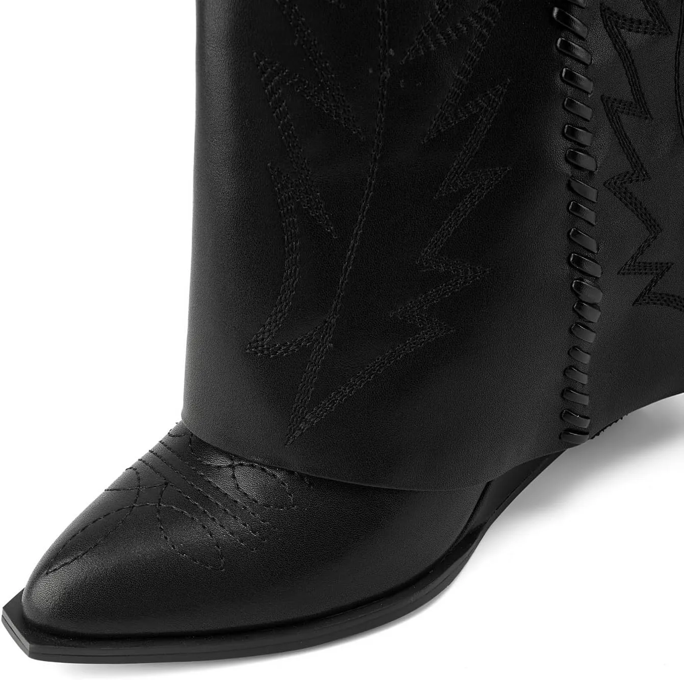 Embroidered Fold Over Over Wide Calf Wedge Pull-On Pointed Toe Western Cowgirl Floral Printing Booties for Women