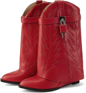 Embroidered Fold Over Over Wide Calf Wedge Pull-On Pointed Toe Western Cowgirl Floral Printing Booties for Women
