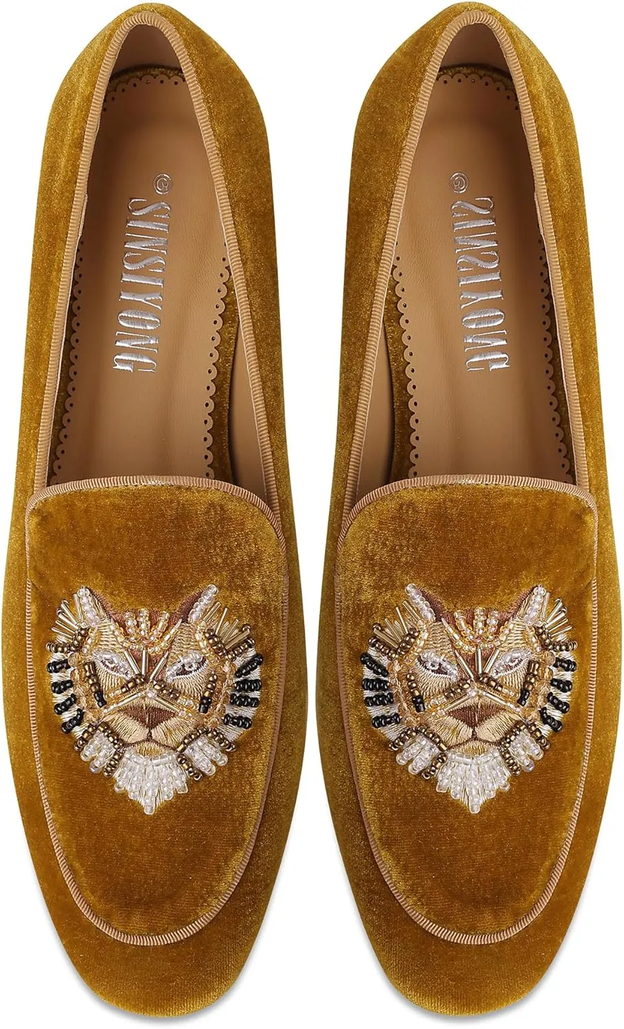 Embroidered Loafers for Women Round Toe Velvet Flats with Tiger Head Pattern