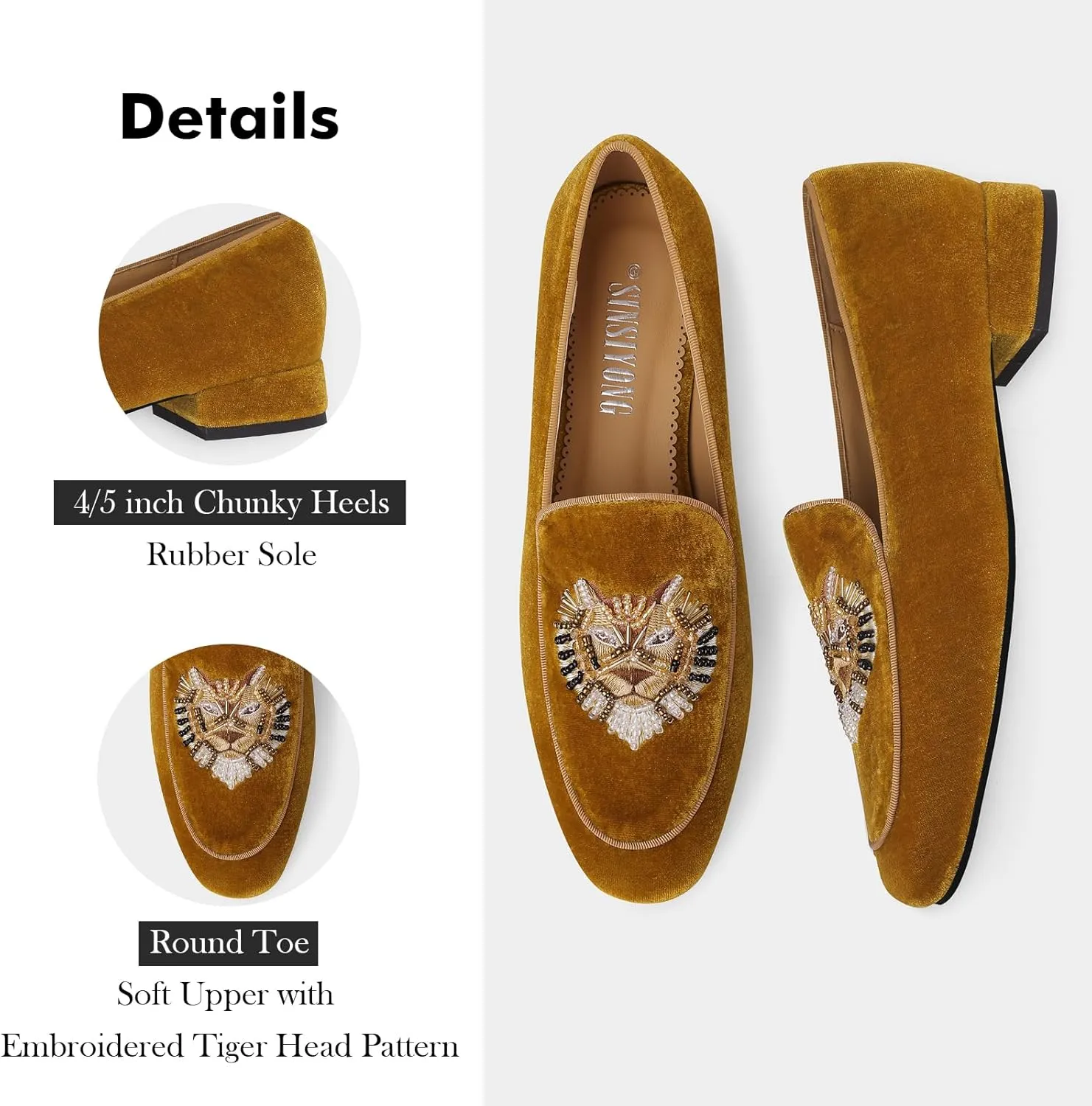 Embroidered Loafers for Women Round Toe Velvet Flats with Tiger Head Pattern