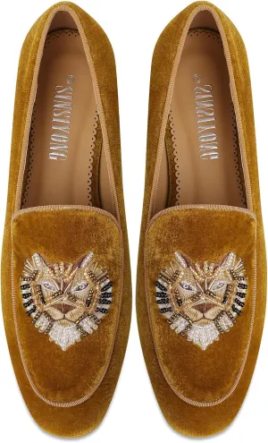 Embroidered Loafers for Women Round Toe Velvet Flats with Tiger Head Pattern