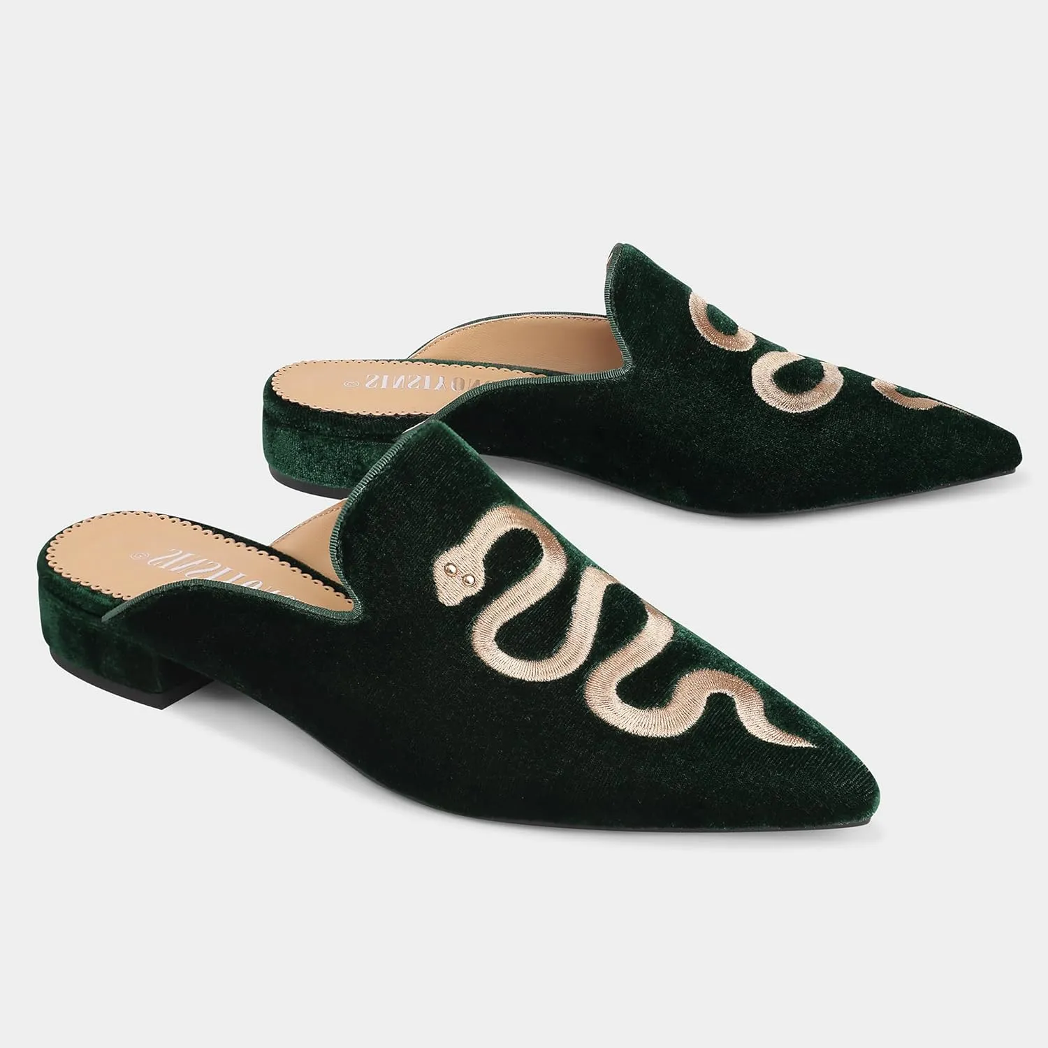 Embroidered Mules for Women Pointed Toe Backless Velvet Flats with Snake Pattern