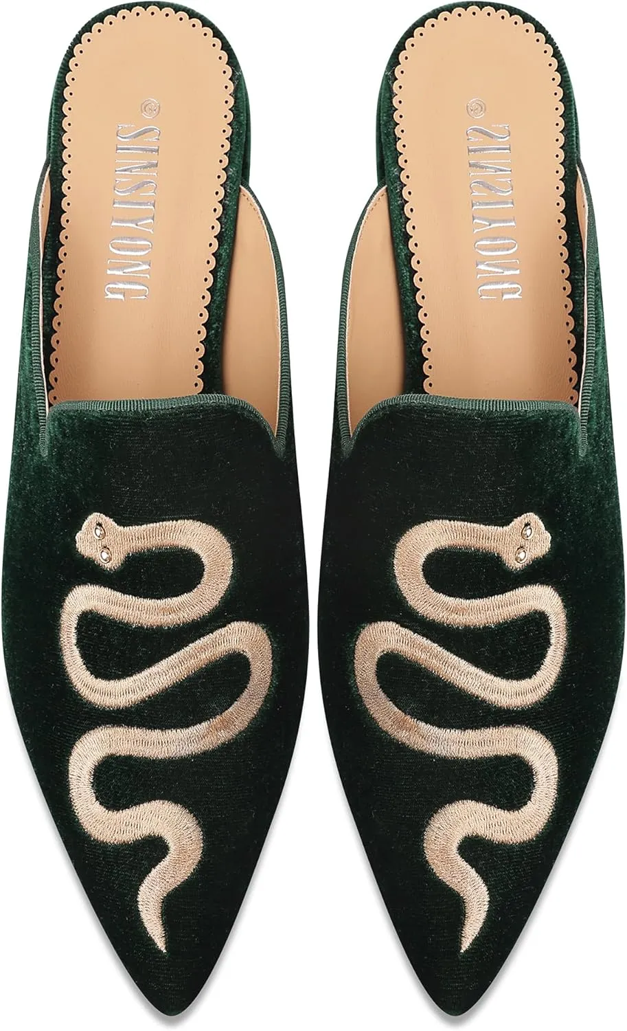 Embroidered Mules for Women Pointed Toe Backless Velvet Flats with Snake Pattern