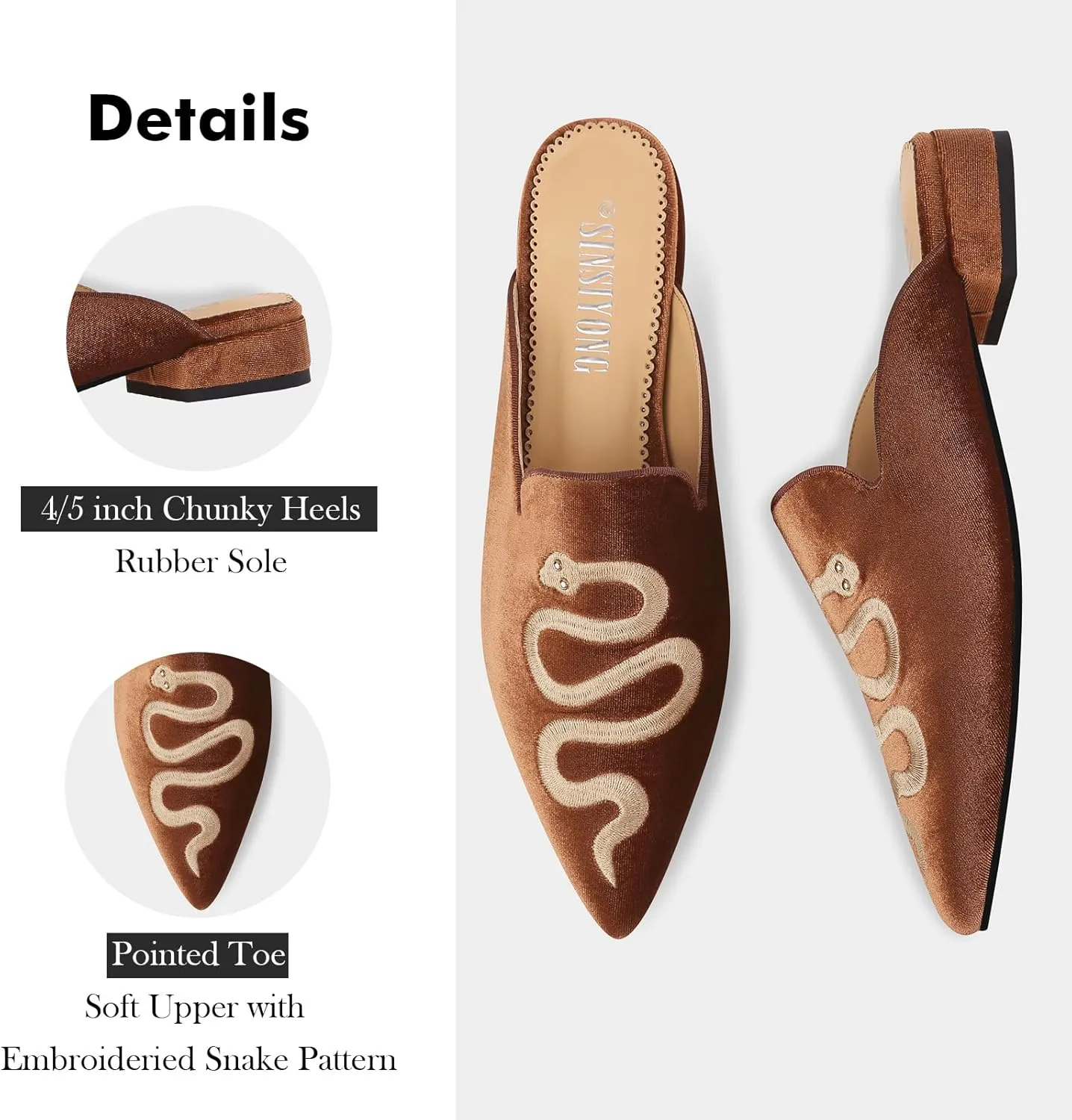 Embroidered Mules for Women Pointed Toe Backless Velvet Flats with Snake Pattern