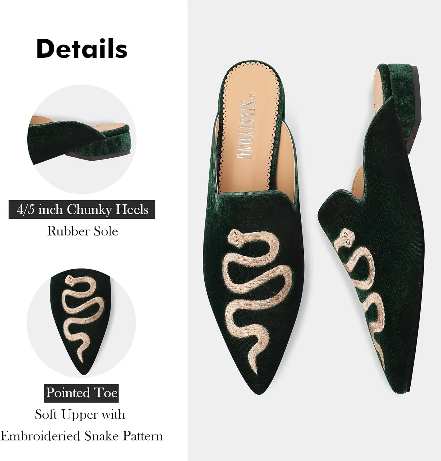 Embroidered Mules for Women Pointed Toe Backless Velvet Flats with Snake Pattern