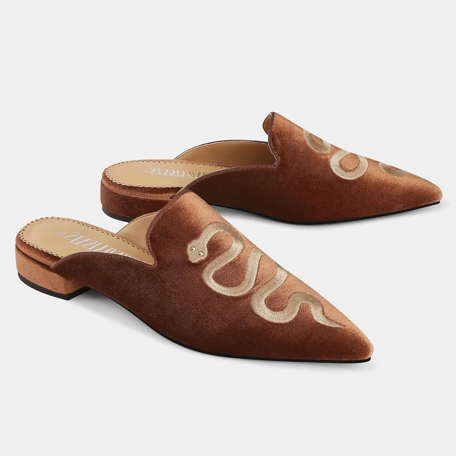 Embroidered Mules for Women Pointed Toe Backless Velvet Flats with Snake Pattern