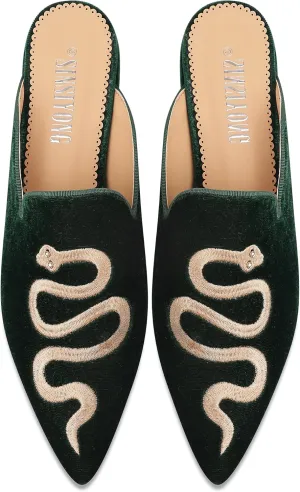 Embroidered Mules for Women Pointed Toe Backless Velvet Flats with Snake Pattern