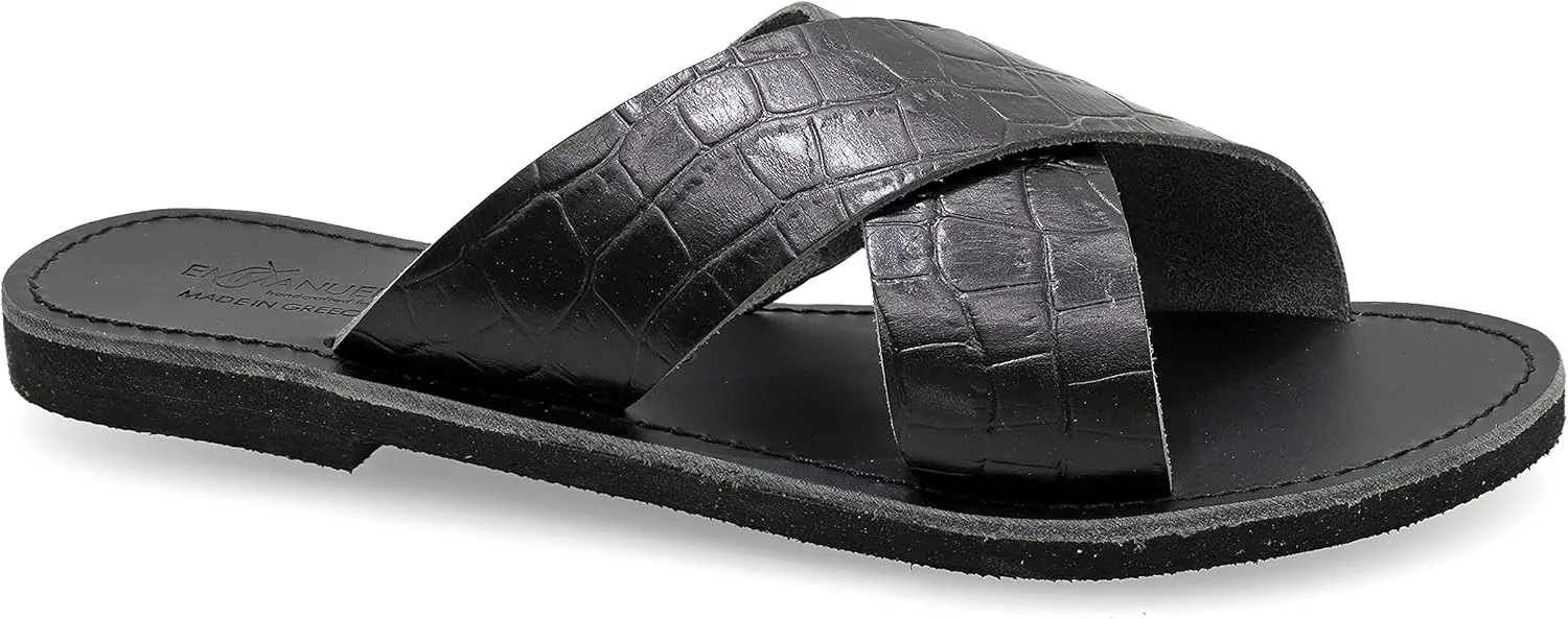 Emmanuela Greek Handmade Leather Flat Sandals, Quality Slide on X Strap Summer Shoes for Women, Open Toe Cross Strappy Sliders, Boho Chic Mules