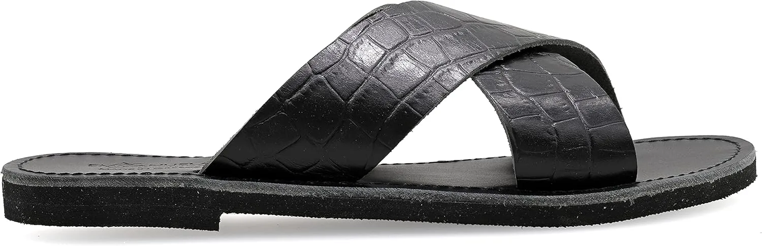 Emmanuela Greek Handmade Leather Flat Sandals, Quality Slide on X Strap Summer Shoes for Women, Open Toe Cross Strappy Sliders, Boho Chic Mules