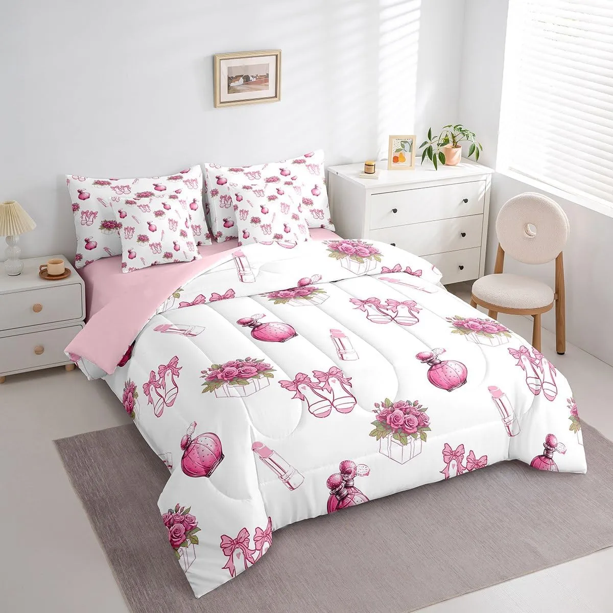 Erosebridal Pink Bow Sandals Girls Bedding Set Cosmetics Lipstick Queen Comforter Set 7 Piece for Kids Teen Women Room Decor,Rose Flowers Bed in A Bag Female Perfume Bottle Bed Set