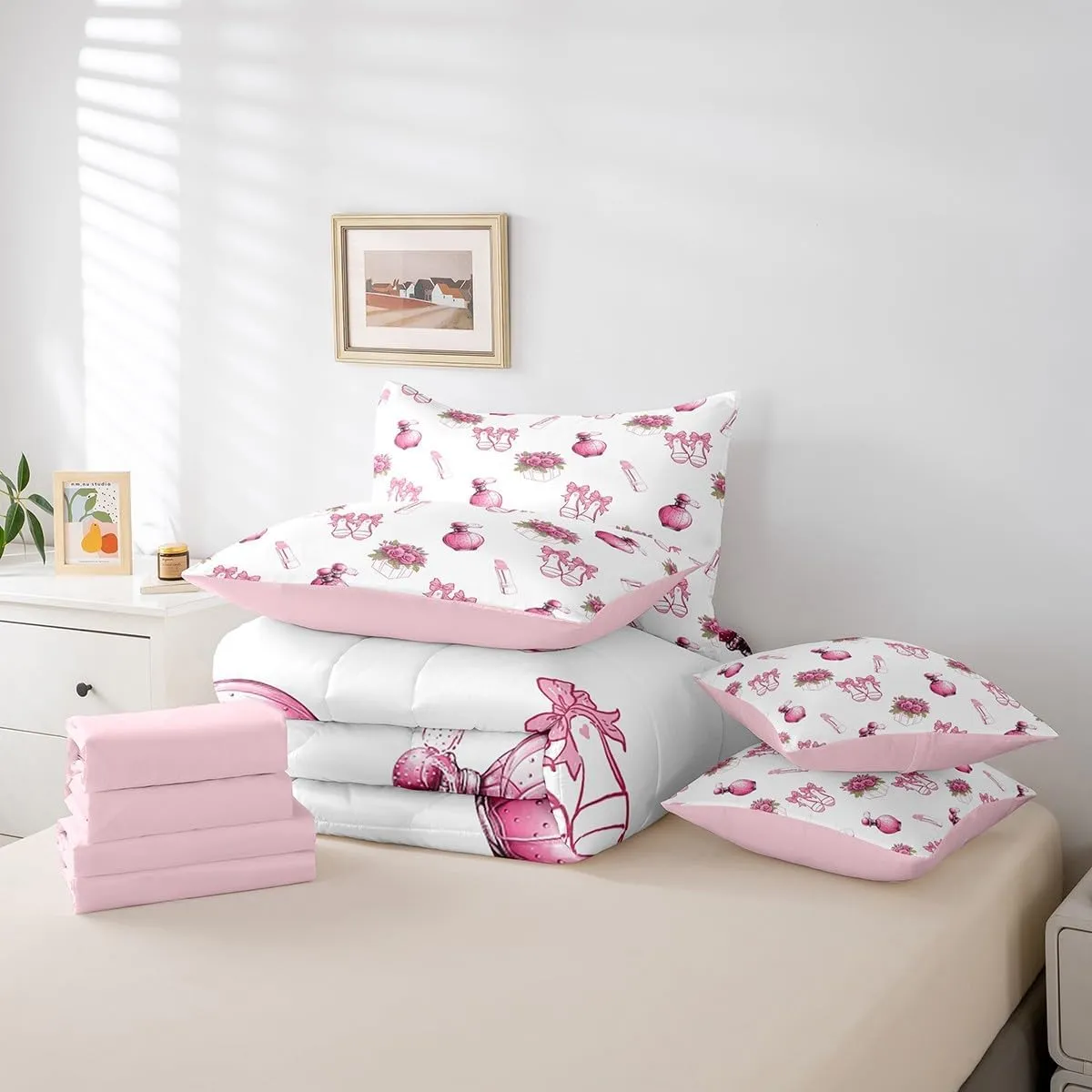 Erosebridal Pink Bow Sandals Girls Bedding Set Cosmetics Lipstick Queen Comforter Set 7 Piece for Kids Teen Women Room Decor,Rose Flowers Bed in A Bag Female Perfume Bottle Bed Set