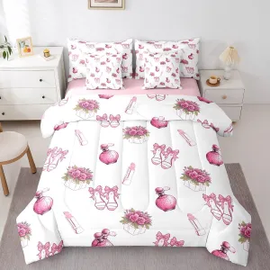 Erosebridal Pink Bow Sandals Girls Bedding Set Cosmetics Lipstick Queen Comforter Set 7 Piece for Kids Teen Women Room Decor,Rose Flowers Bed in A Bag Female Perfume Bottle Bed Set