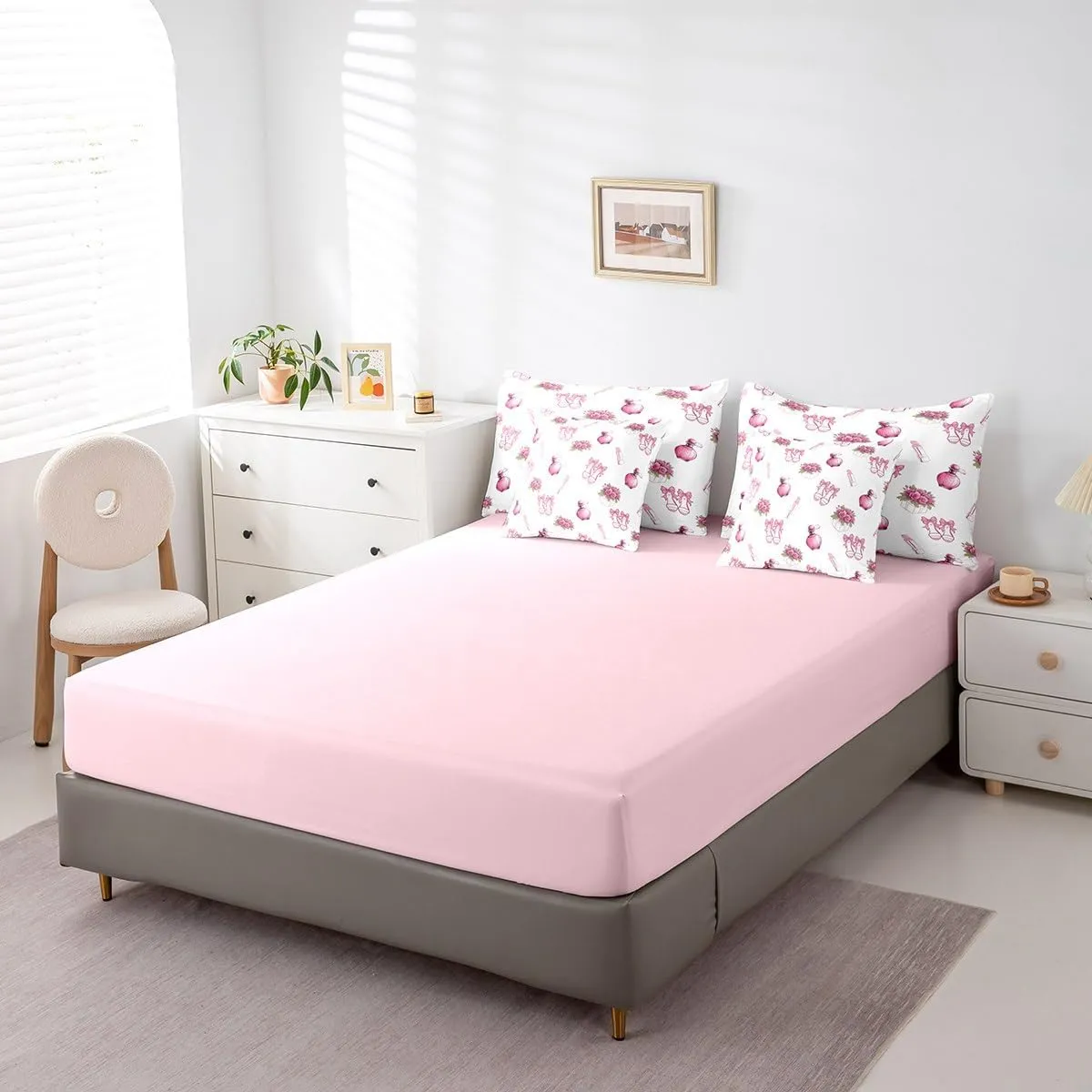 Erosebridal Pink Bow Sandals Girls Bedding Set Cosmetics Lipstick Queen Comforter Set 7 Piece for Kids Teen Women Room Decor,Rose Flowers Bed in A Bag Female Perfume Bottle Bed Set
