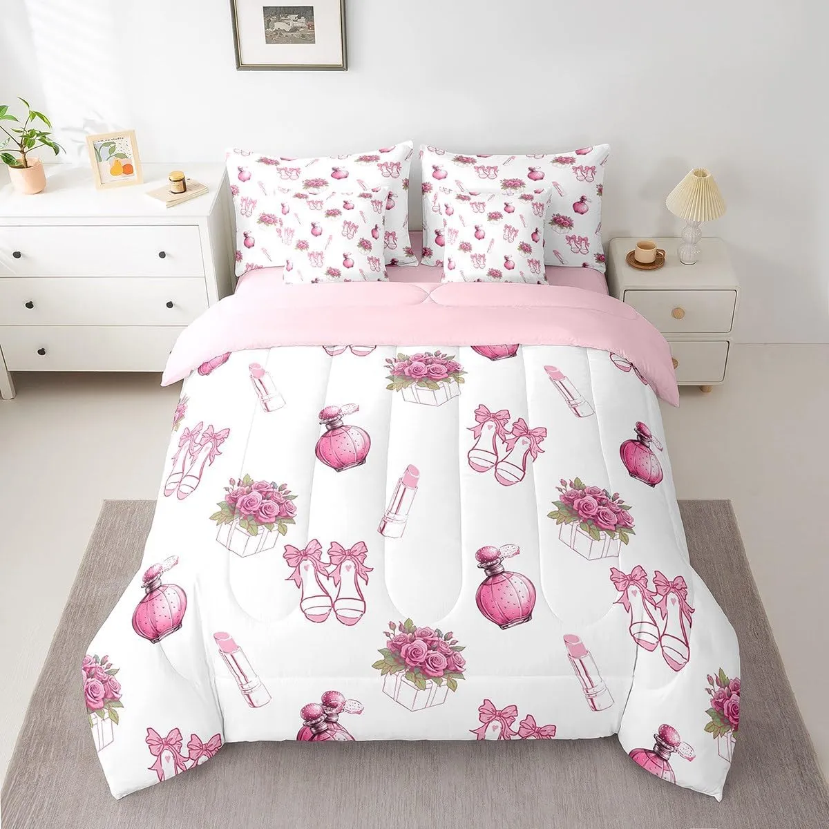 Erosebridal Pink Bow Sandals Girls Bedding Set Cosmetics Lipstick Queen Comforter Set 7 Piece for Kids Teen Women Room Decor,Rose Flowers Bed in A Bag Female Perfume Bottle Bed Set