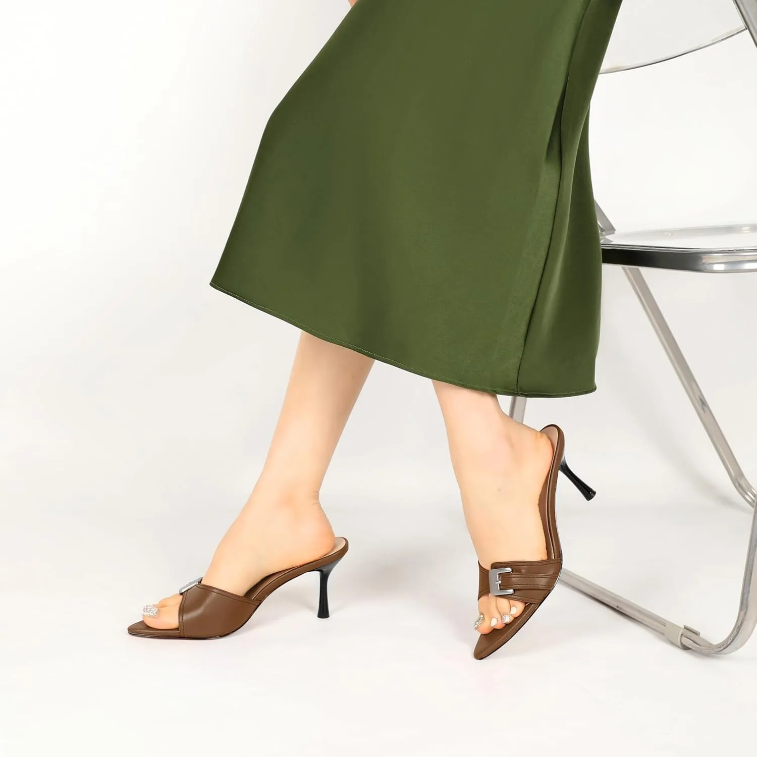 Esvowido Womens Mule Heels Pointed Open Toe Heeled Sandals 2.95 Inch Stiletto Mules with Buckle Work Party Wedding Summer Shoes