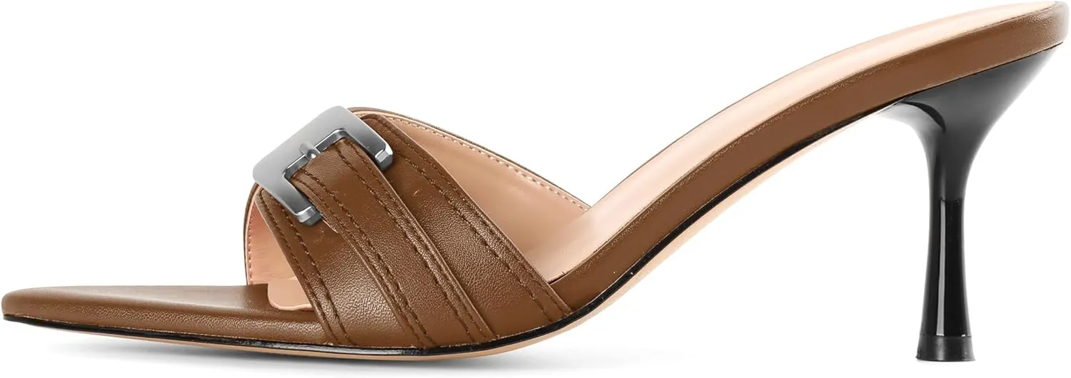 Esvowido Womens Mule Heels Pointed Open Toe Heeled Sandals 2.95 Inch Stiletto Mules with Buckle Work Party Wedding Summer Shoes