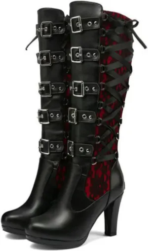 FAIRSOMA Women'S Lace Up Victorian Knee-High Boots,Classics Vintage Round Toe Kitten Heel Witch Boots Knight Combat Boots Buckle Riding Boots