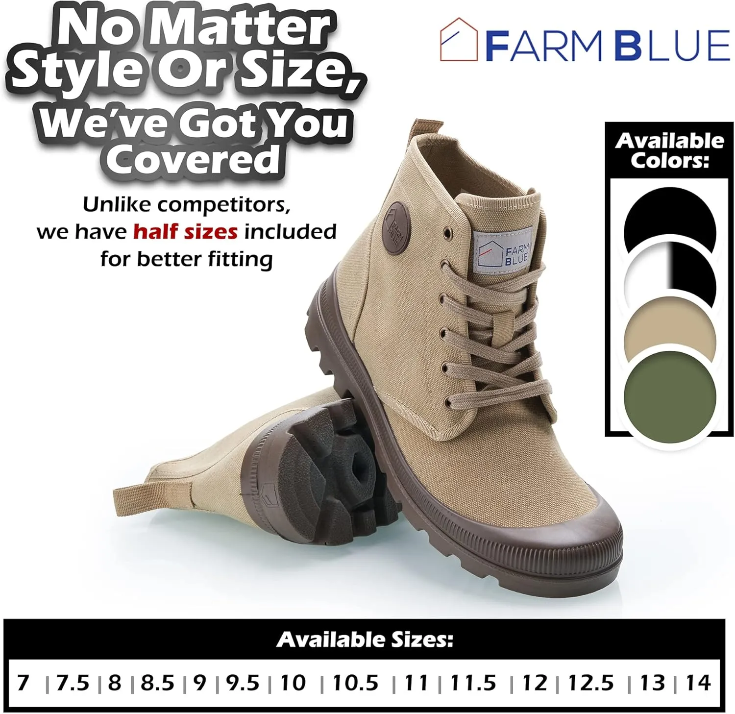Farm Blue Men's Ranger Boots - High Top Hiking Shoes for Men - Water-Resistant Canvas Combat Boots with Orthotic Insoles - Tactical Shoes for Casual, Work, or Outdoor Wear