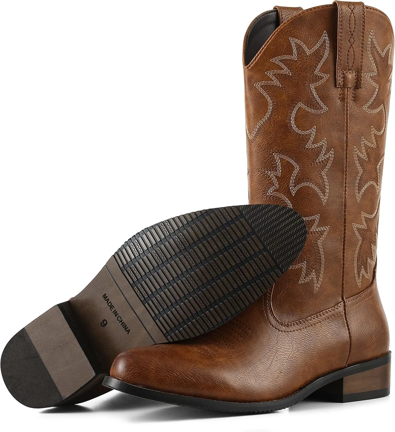femflame Cowboy Boots for Men Round Toe Distressed Work boots Embroidered Western Boots Traditional Country Boot