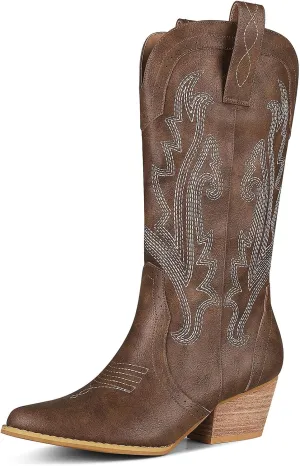 femflame Womens Cowboy Boots for Women Pointed Toe Chunky Heel Mid Calf Cowgirl Boot Embroidered Western Boots