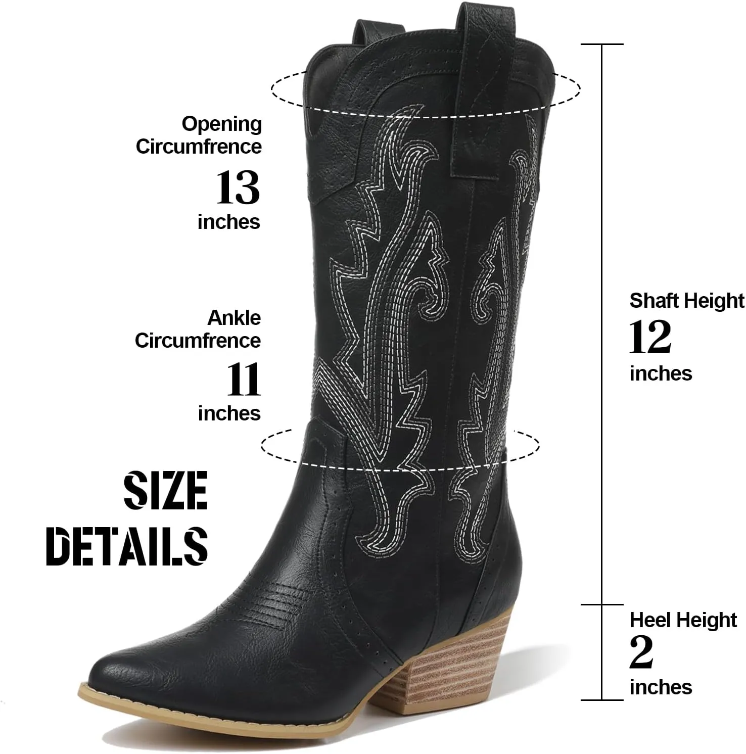 femflame Womens Cowboy Boots for Women Pointed Toe Chunky Heel Mid Calf Cowgirl Boot Embroidered Western Boots