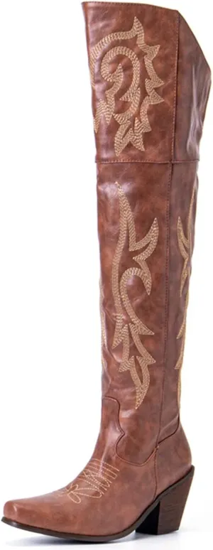 femflame Women's Cowgirl Boots Square Toe Western Knee High Cowboy Boots Vintage Cork Heel Embroidery Over the High Boots